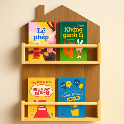 Kệ Sách Treo Tường Bằng Gỗ Decor Phòng Bé Không Cần Khoan, Kệ Gỗ Trang Trí 2 Tầng Cho Bé Thẩm Mỹ Tiện Lợi