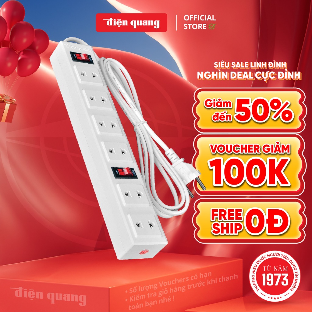Ổ Cắm Điện Đa Năng Điện Quang ĐQ 001A-01 6 Lỗ 2 Chấu Chịu Tải Cao Tự Ngắt Khi Quá Tải Bảo Hành 12 Th