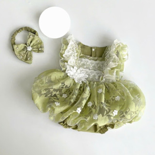 Body Váy Bí Xanh Hoa Trắng Kèm Tuban (Không Giày) 3-12 kg,Đồ Liền Thân Bé Gái Sơ Sinh Đầy Tháng Thôi Nôi Chất Mềm Mát