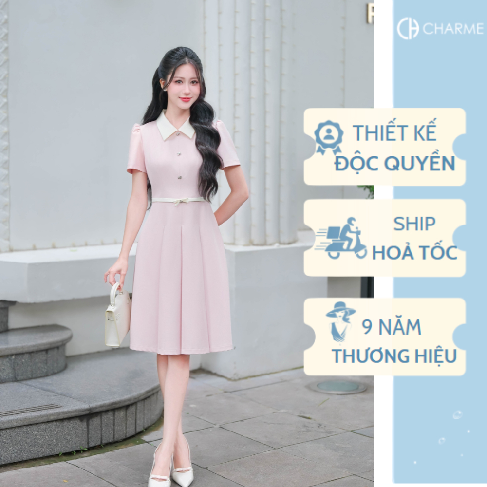 Váy công sở liền thân phối nơ đai eo Charme Store 506009