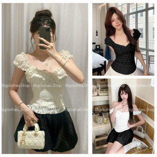 Áo Ren Trễ Vai Tay Bồng BigClothes, Áo Thun Dáng Ôm Lưng Chun Thời Trang B02