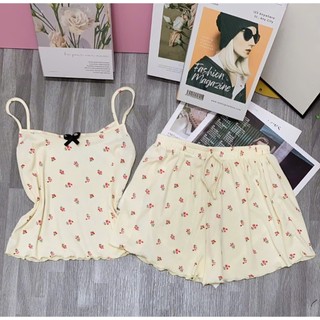  Bộ đồ ngủ mặc nhà in họa tiết  Áo hai dây phối quần short chất mát lưng thun hàng loại 1 K142 