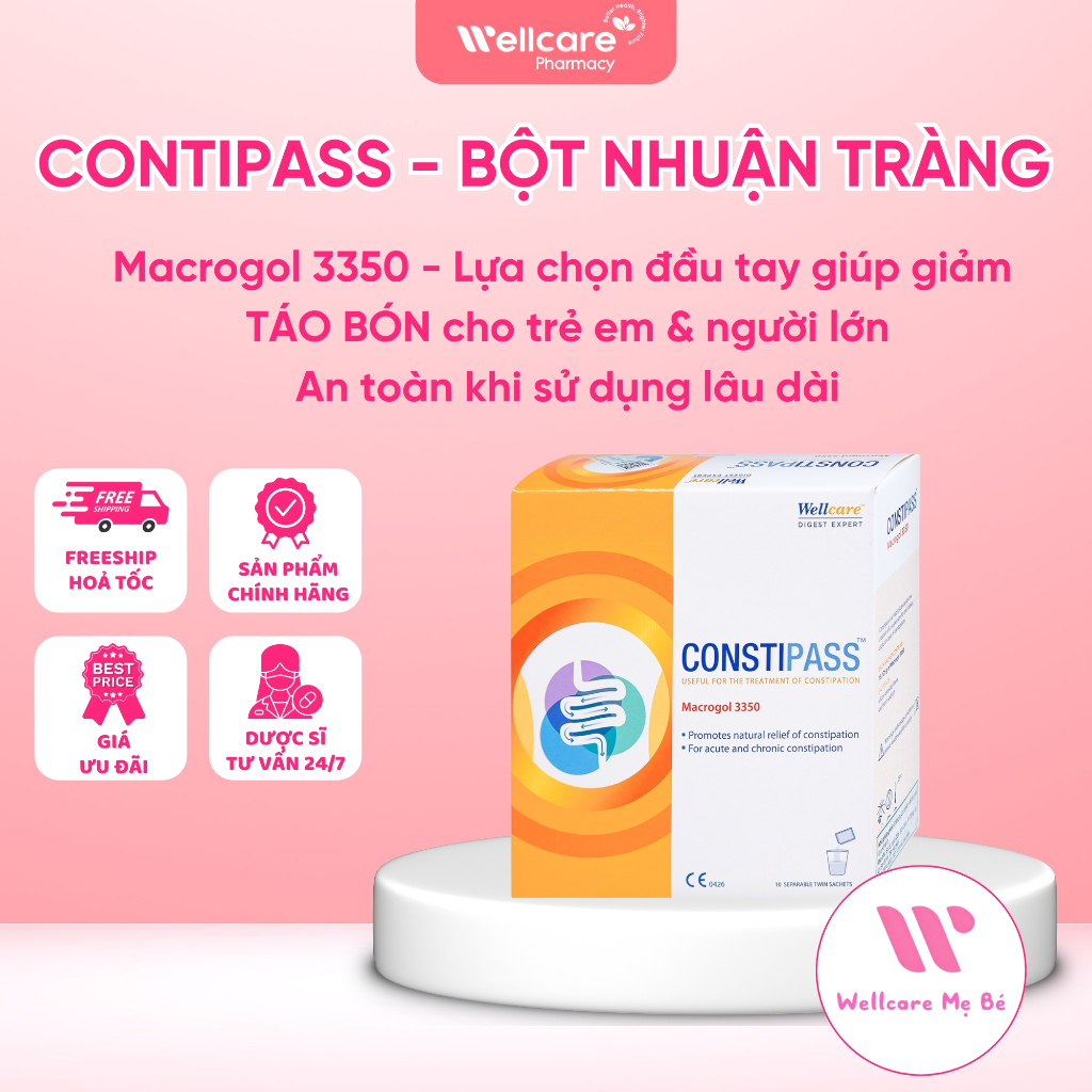 [NHI KHOA] Bột Nhuận Tràng CONSTIPASS Macrogol 3350 Hộp 20 Gói - giảm táo bón dùng cho trẻ em và ngư