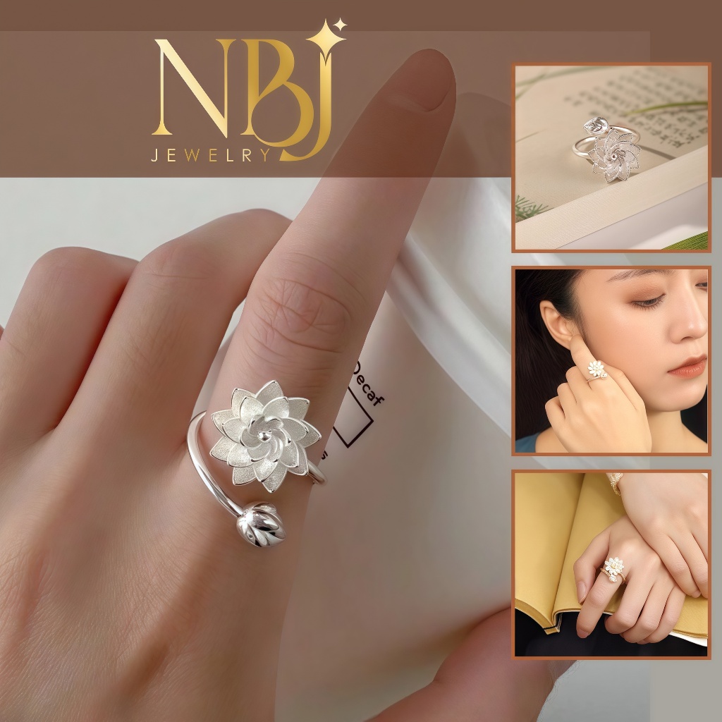 Nhẫn bạc nữ NBJ JEWELRY, bạc S999 nguyên chất thiết kế mặt bạch liên hoa, chỉnh size theo ngón đeo