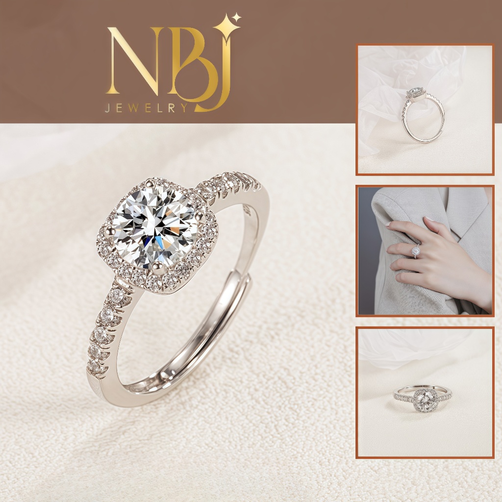 Nhẫn bạc S925 NBJ JEWELRY đính đá Zirconia 1 Carat kiểu đính viền sang trọng, không đen không dị ứng
