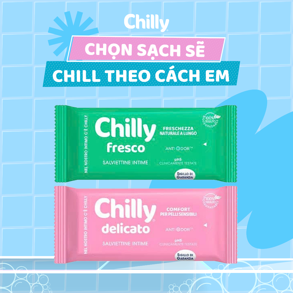 Khăn lau phụ khoa Chilly Fresco và Delicato chiết xuất lô hội, bạc hà làm sạch khử mùi 12 tờ/gói MM