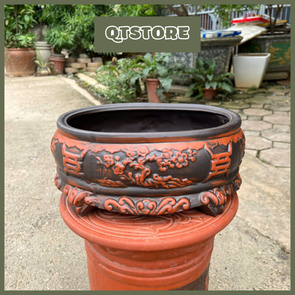 Chậu Gốm Sứ Bonsai Hình Ovan Họa Tiết Hoa Mai, Chậu Gốm Sứ Chân Kỉ Trồng Cây Bonsai 29x20x12cm