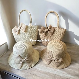 Set túi mũ cói đeo vai nơ to xinh xắn