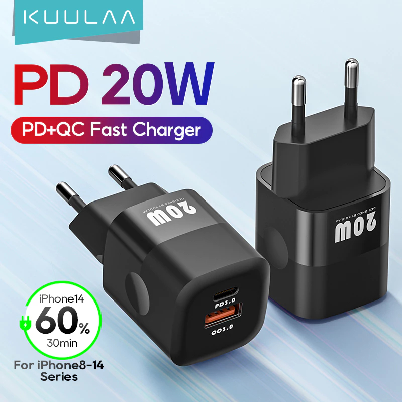 Bộ Sạc KUULAA KL-CD11 Tích Hợp 2 Cổng Sạc Nhanh 18W Chuẩn QC 3.0 & Chuẩn PD 20W cho iPone Samsung