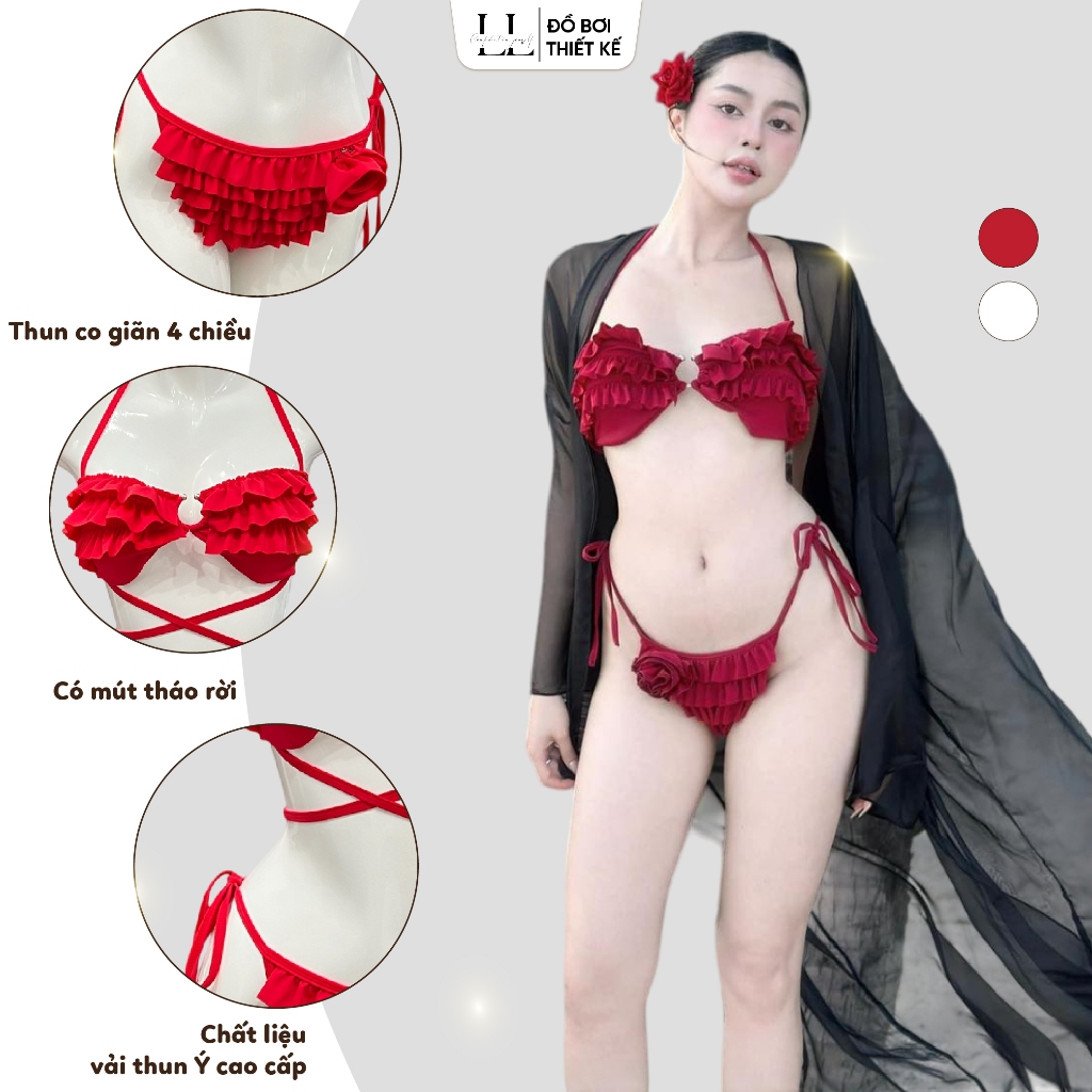 Bikini 2 Mảnh Nữ L&L BIKINI Đan Dây Bèo Tầng Có Mút Ngực Màu Trắng Đỏ Freesize Đi Biển - L20 | BigBuy360 - bigbuy360.vn