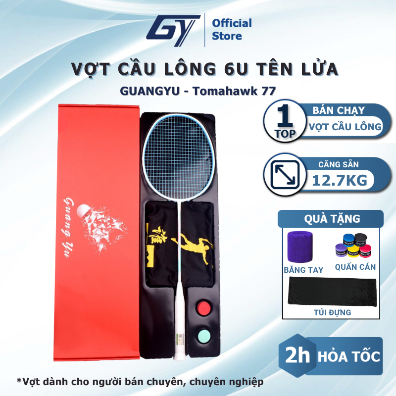 Vợt cầu lông chính hãng Guang Yu Tomahawk 77 6U G4 full carbon lực căng 28-30lbs tặng kèm hộp đựng b