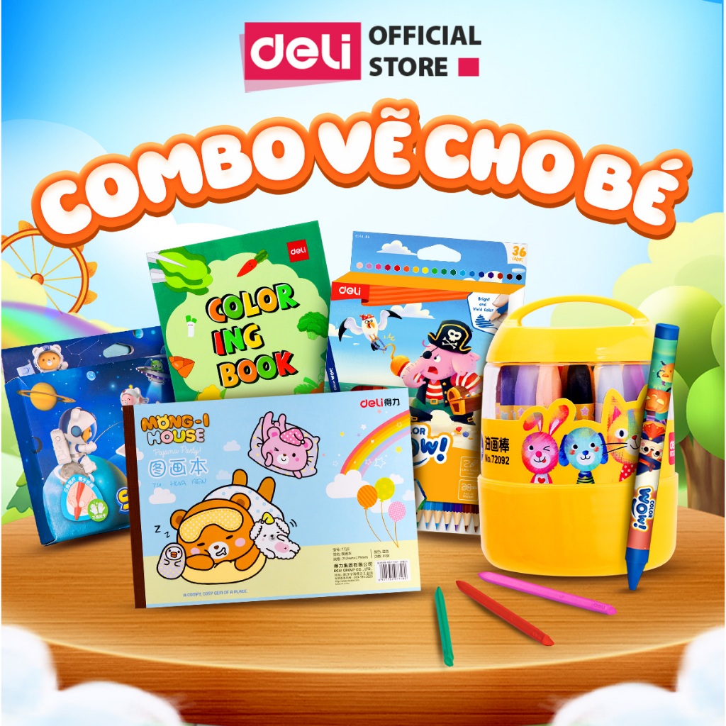 Combo Vẽ Cho Bé Cấp 1 Mẫu Giáo Deli - Combo Màu Chì, Màu Sáp, Vở Vẽ Màu Sắc Đa Dạng Tươi Sáng Quà Tặ
