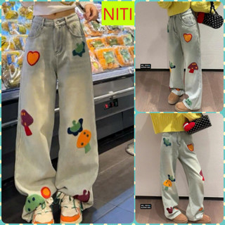 [ORTD5819] QUẦN JEANS ỐNG RỘNG NỮ LƯNG CAO THÊU TIM NẤM MÀU XANH NHẠT LAI CUỐN SIÊU CÁ TÍNH CHẤT CHƠI