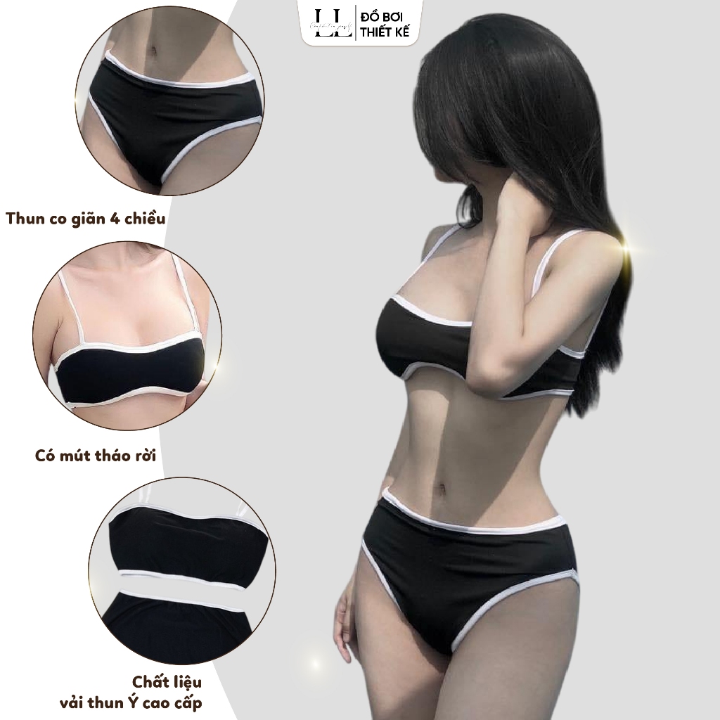 Bikini 2 Mảnh L&L BIKINI Đen Viền Trắng Tôn Dáng Chất Thun Ý Cao Cấp Freesize 45-55kg - L06 | BigBuy360 - bigbuy360.vn