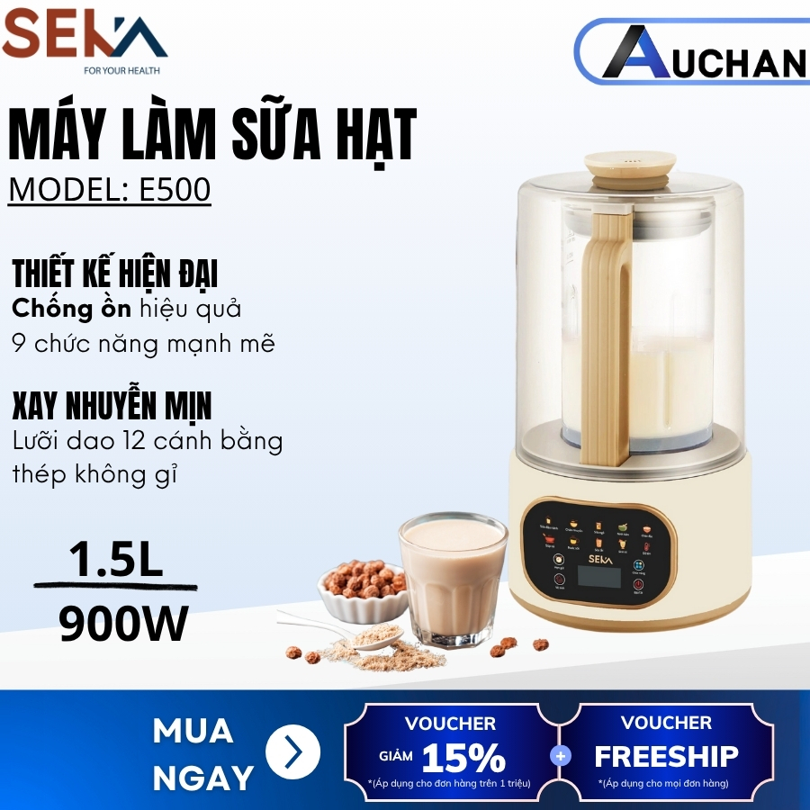 Máy sữa hạt Seka E500 dung tích 1.5L, đa chức năng 9 chức năng tiếng Việt, chống ồn