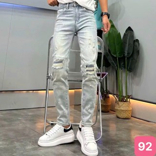 Quần jean nam rách gối màu xanh trơn chất bò cao cấp co dãn 4 chiều đẹp form dáng skinny boy phố Havado M92 mẫu mới