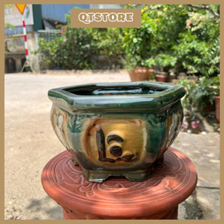 Chậu Gốm Sứ Lục Giác Men Xanh Kèm Chữ Phúc Lộc Thọ Trồng Cây Bonsai