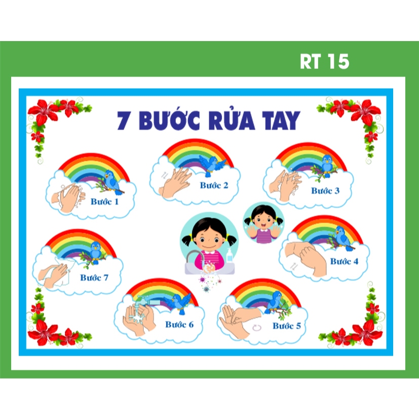 Tranh decan Trang Trí Trường Học - Tranh Quy Trình Rửa Tay 6 Bước