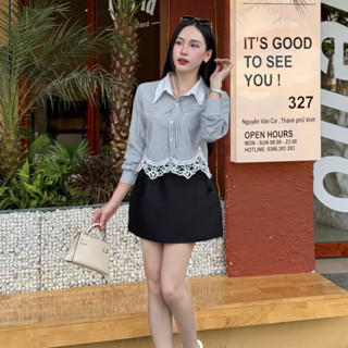 Áo sơ mi kẻ dài tay dáng croptop nhẹ phối cổ trắng có ren viền trẻ trung năng động BRIYO SM53