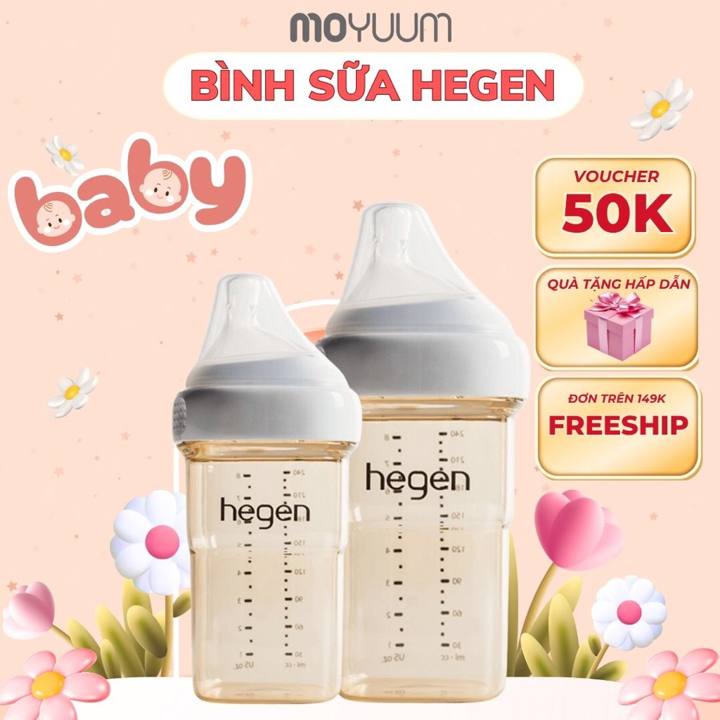 Bình Sữa HEGEN Singapore 150ml/240ml Hàng Chính Hãng Cao Cấp Chất Liệu PPSU Núm Ti Siêu Mềm Che Bé