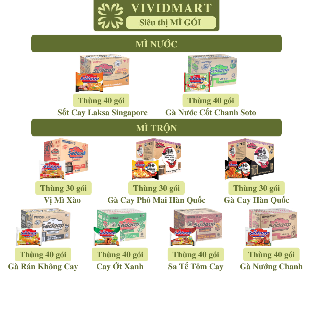 [THÙNG30-40GÓI] - SEDAAP - Mì Sedaap 9 vị: gà cay, mì xào, sa tế, ớt xanh, phô mai, gà nướng chanh, 