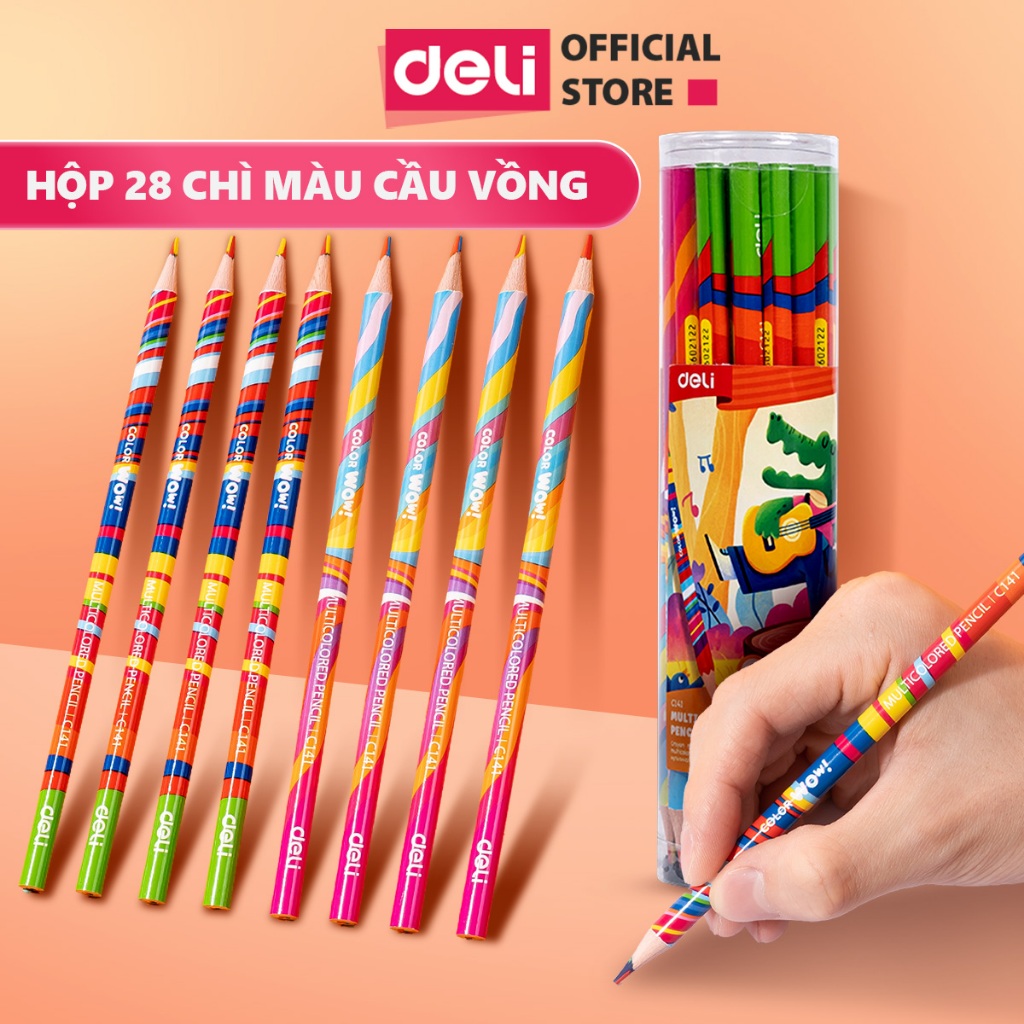 Bút Chì Màu Cầu Vồng 4 Màu Deli - Bút Chì Thân Gỗ Hộp 28 Chiếc Vẽ Được Nhiều Màu Dành Cho Tranh Nghệ