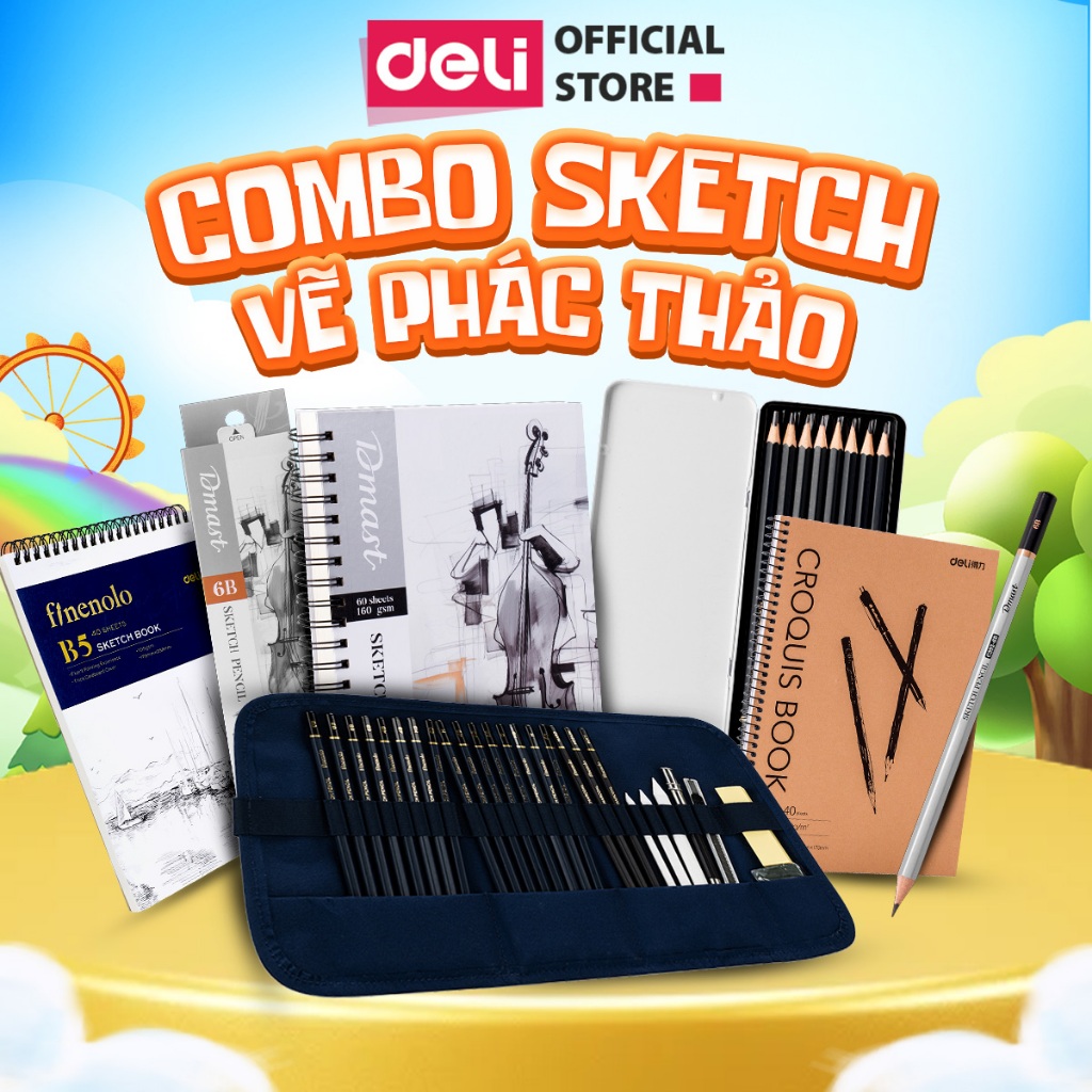 Combo Vẽ Phác Thảo Deli - Combo Vẽ Sketch Họa Cụ Đầy Đủ Tiện Lợi Sổ Vẽ Chì Phác Thảo Tẩy Đất Sét Văn