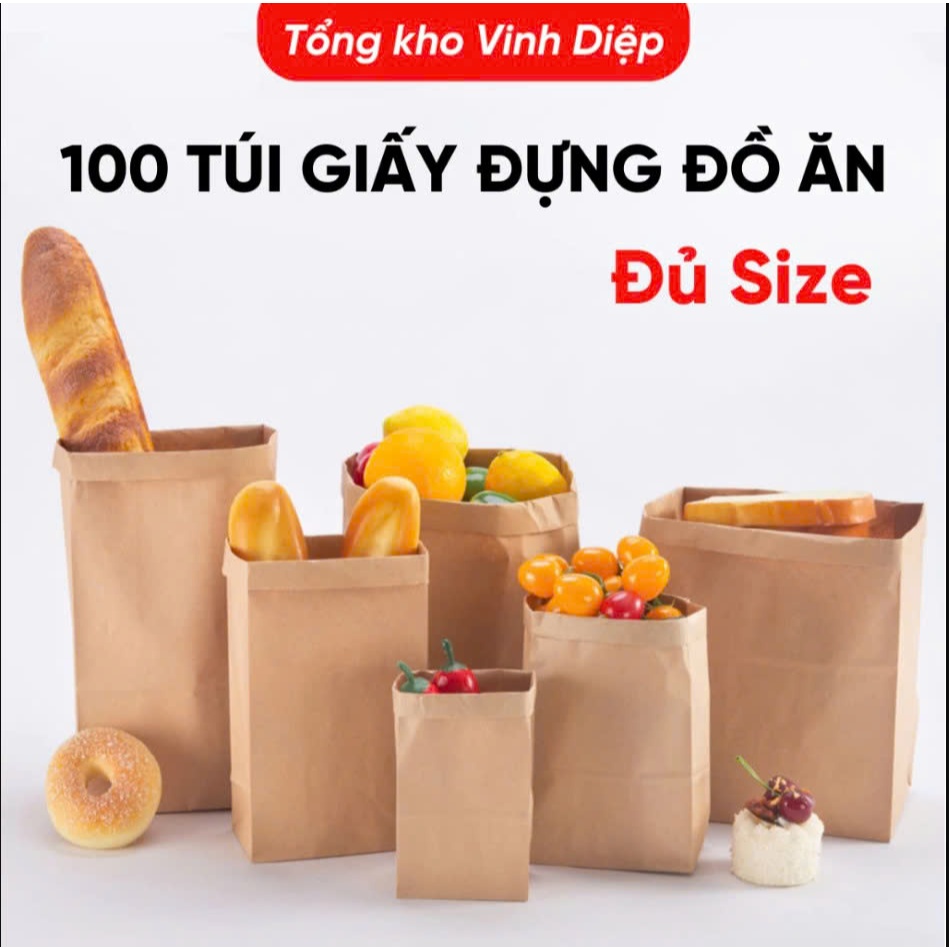 Túi Giấy Xi Măng Combo 100 Túi - Kraft Không Quai Đựng Bánh Đồ Ăn Đủ Kích Cỡ