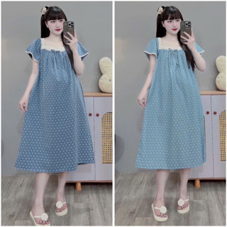  Váy bầu chấm bi cổ vuông ren nơ hai màu xinh - đầm bầu mặc mùa hè 