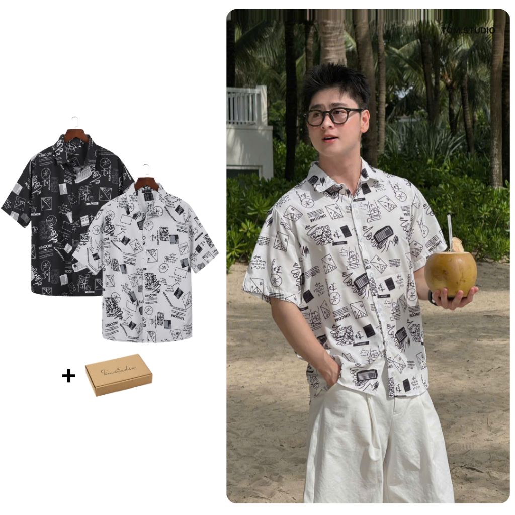 {Full Box} Áo Sơ Mi TÓM Nam/Nữ  họa tiết UNCOM TRẮNG, vải lụa thoáng mát, không nhăn, form regulafit, áo sơ mi tay ngắn