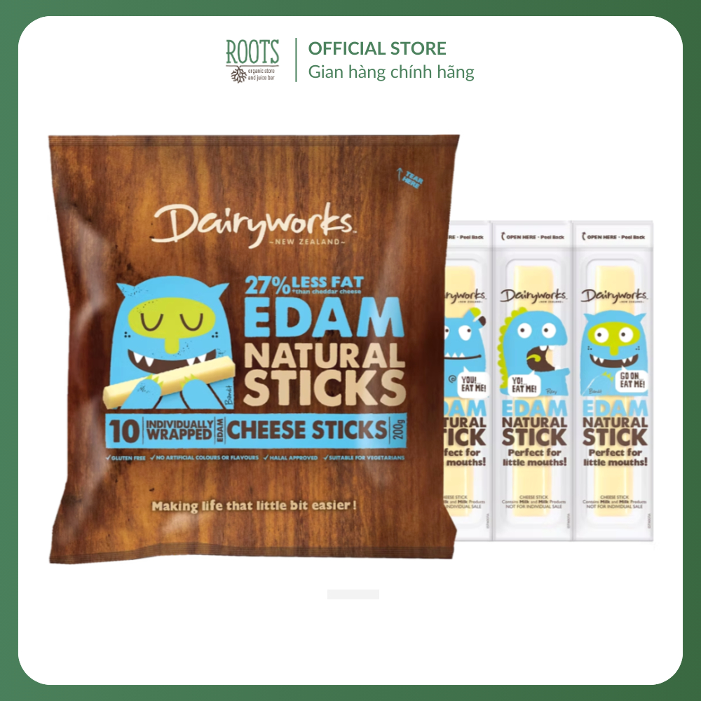 (Ship hỏa tốc) DAIRYWORKS - Phô Mai Que Ít Béo, 27% Less Fat Edam Natural Sticks, 10 Que (200g)