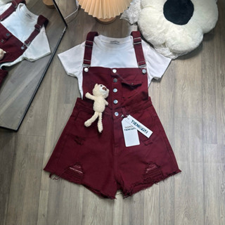 TIENSTYLE _ Quần Yếm Jean Short Rách Màu Đỏ Hai Dây Rách Lai Tua Nắp Túi 5 Nút Bigsize 80kg