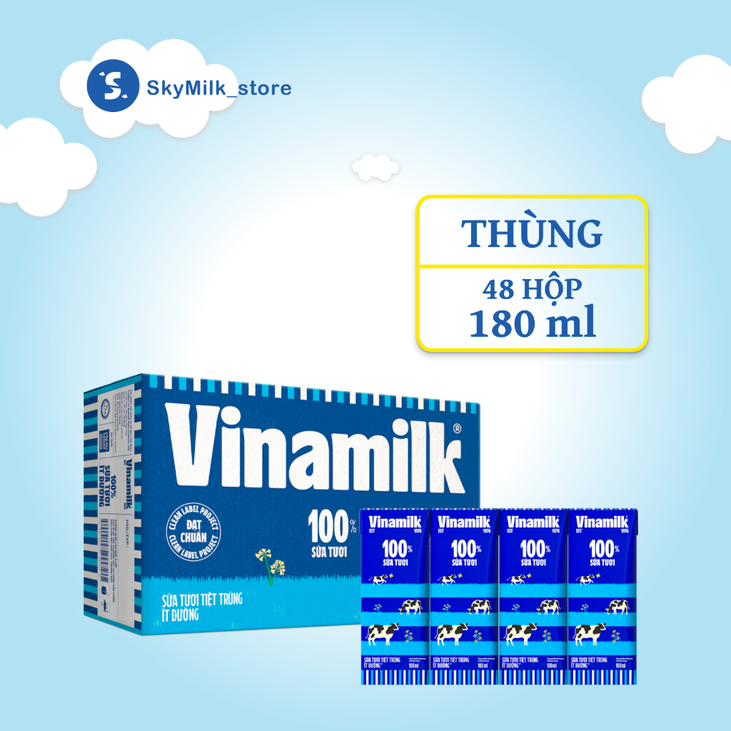 Vinamilk - Thùng 48 hộp 180ml - Sữa tươi tiệt trùng Ít đường Vinamilk - Sữa tươi tiệt trùng Vinamilk