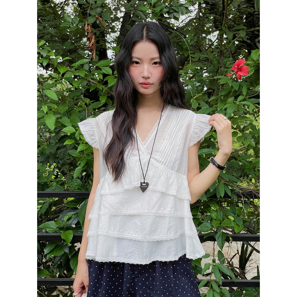 Áo babydoll cổ V tay cánh tiên nhún xòe SANJOLI AO008