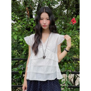 Áo babydoll cổ V tay cánh tiên nhún xòe SANJOLI AO008