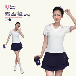 Set bộ đồ chơi tennis pickleball nữ áo Jena Top trắng mix chân váy Kira Skirt xanh navy Today U Wear