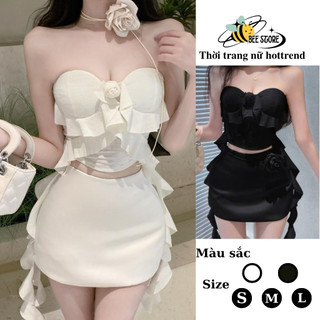  Áo ống cúp ngực viền ren phối dây tua rua bo chun sau lưng Bee Store Áo quây nữ gắn bông phối tà phong cách tiểu thư 