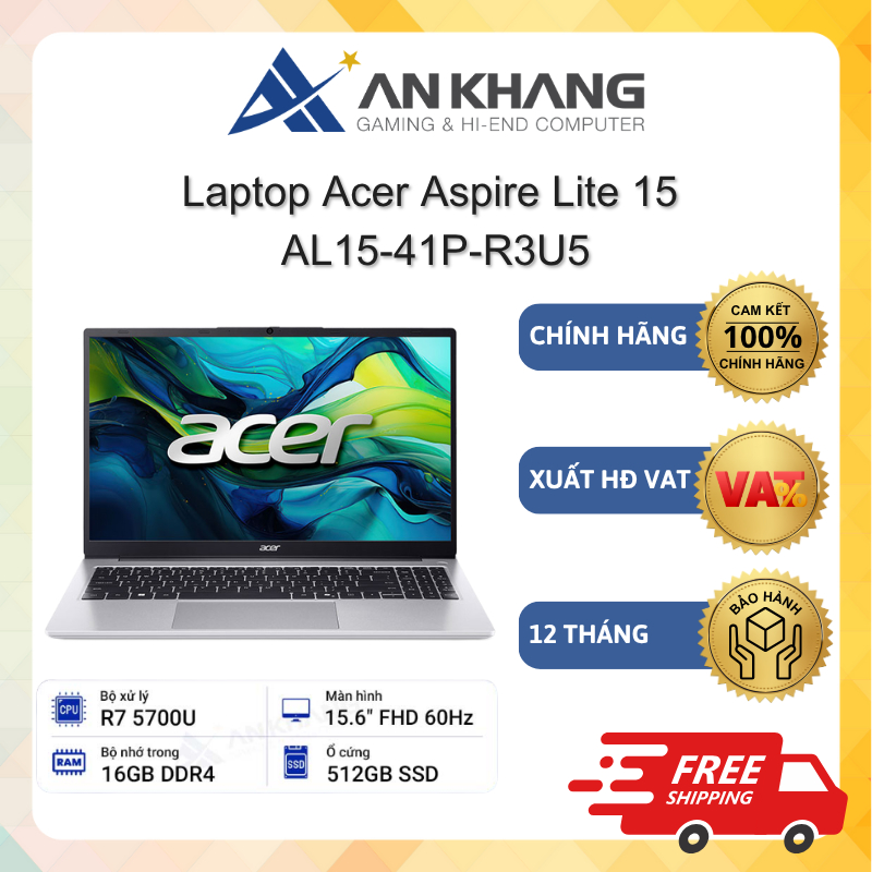 Laptop Acer Aspire Lite 15 AL15-41P-R3U5 (R7-5700U, 16GB, 512GB, 15.6" FHD, Win 11, Bạc) Chính hãng 