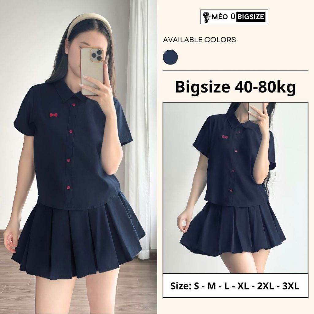Set đồ nữ sinh BIGSIZE Mèo Ú áo cộc tay giả sơ mi cúc đỏ thêu nơ kèm chân váy xếp ly basic Hàn Quốc 189