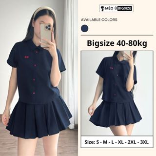 Set đồ nữ sinh BIGSIZE Mèo Ú áo cộc tay giả sơ mi cúc đỏ thêu nơ kèm chân váy xếp ly basic Hàn Quốc 189
