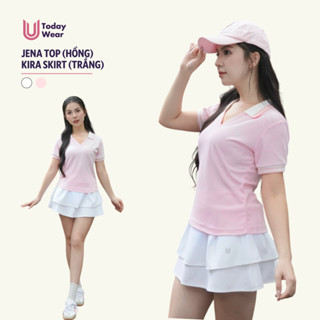 Set bộ đồ chơi tennis pickleball nữ áo Jena Top hồng mix chân váy Kira Skirt trắng Today U Wear
