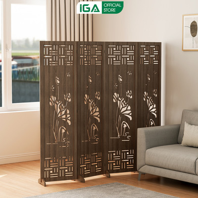 Bình phong vách ngăn hoa sen bộ 4 tấm 2x1,8m chất liệu gỗ MDF cao cấp thương hiệu IGA - GP396A.06