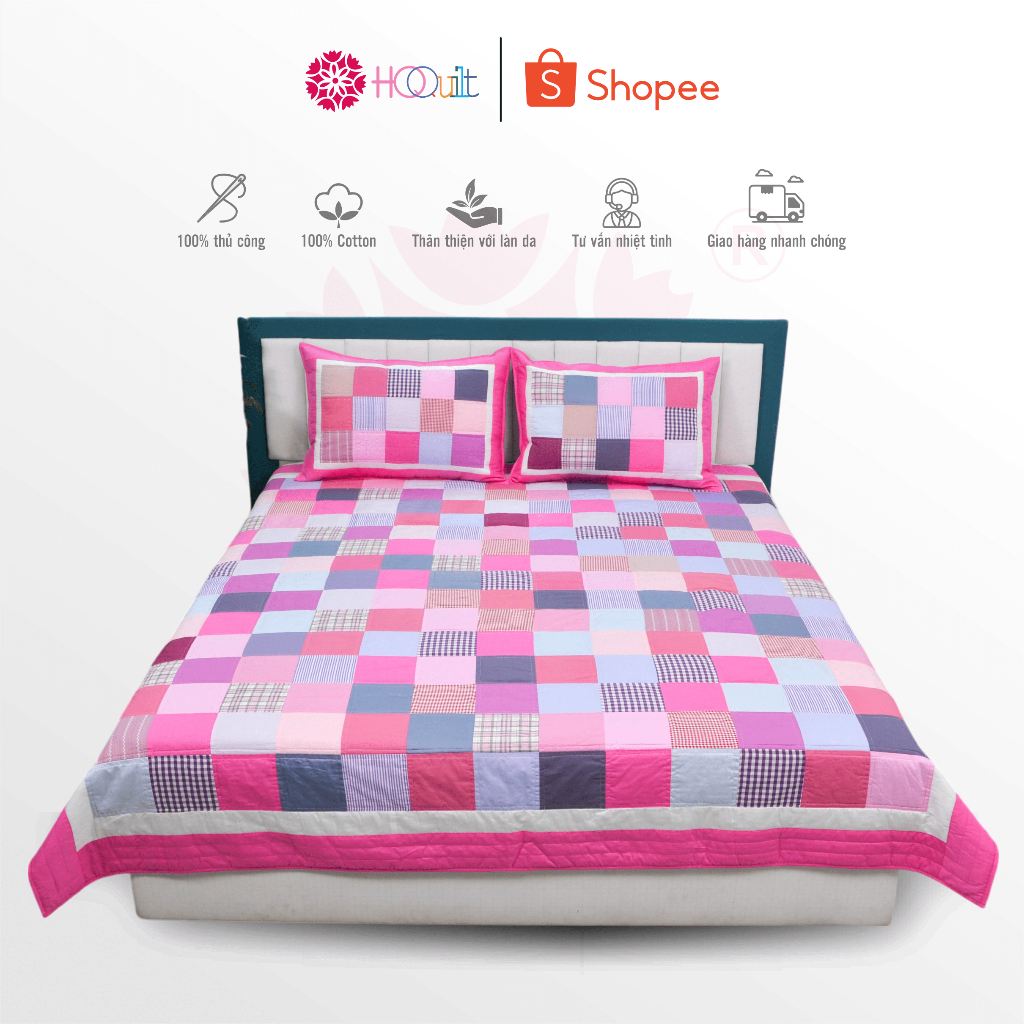 Chăn - Mền Quilt ,Mẫu Quilt Caro Hồng Ghép Vải Thủ Công Chăn Handmade Trang Trí Phong Cách Mền 4 mùa