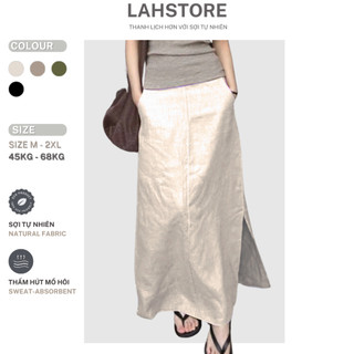  Chân váy dài công sở LAHSTORE vải linen thô lưng chun xẻ 1 bên khóa kéo sườn CV01  Be Muối Tiêu  