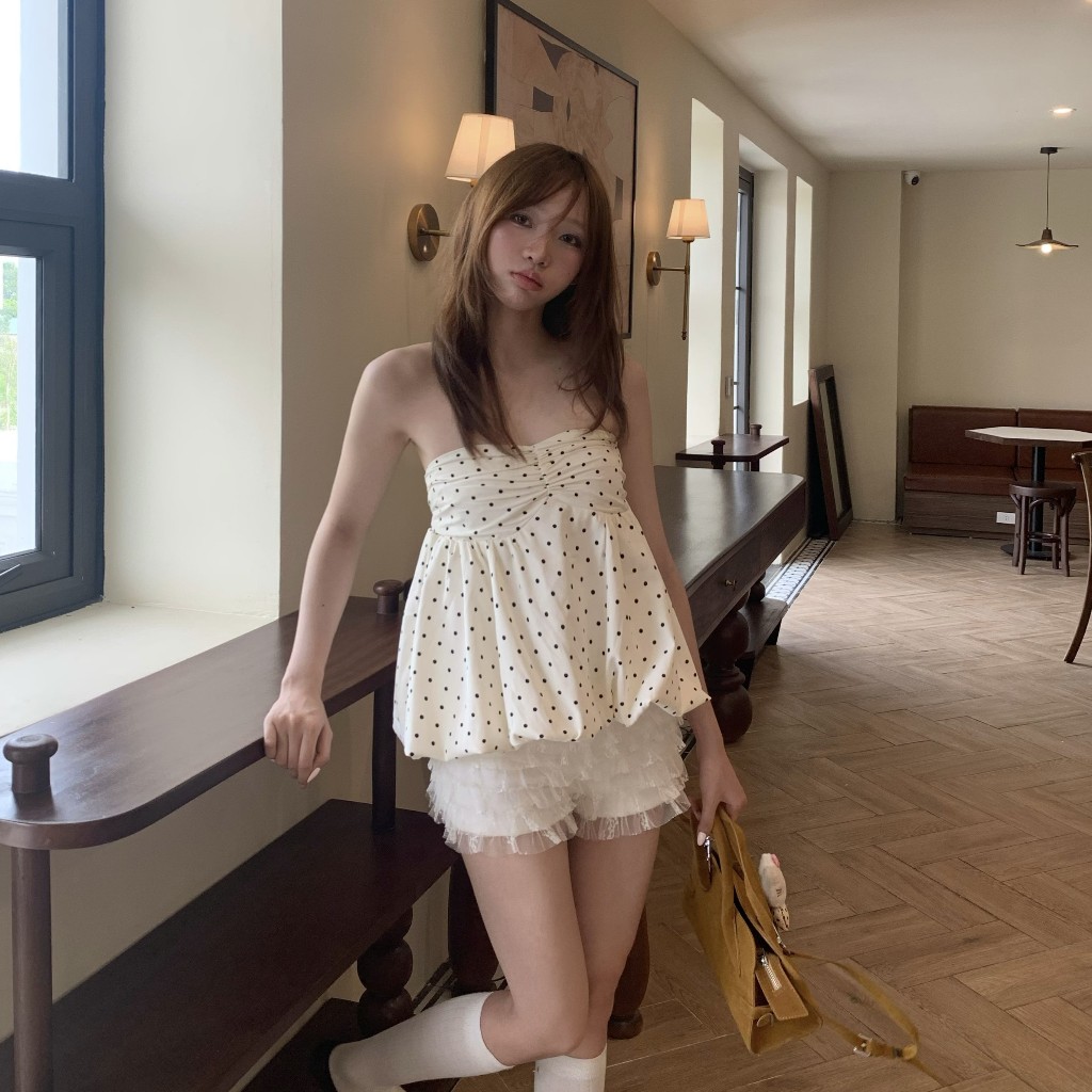 AREUM ÁO BÍ chấm bi Cúp Ngực AME Top Bo Chun [KHÔNG MÚT NGỰC] | BigBuy360 - bigbuy360.vn