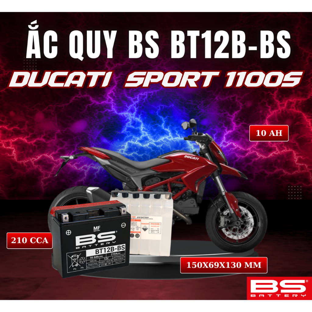 BÌNH ẮC QUY BS BT12B-BS 210CCA DUCATI SPORT 1100S (150x69x130 mm)