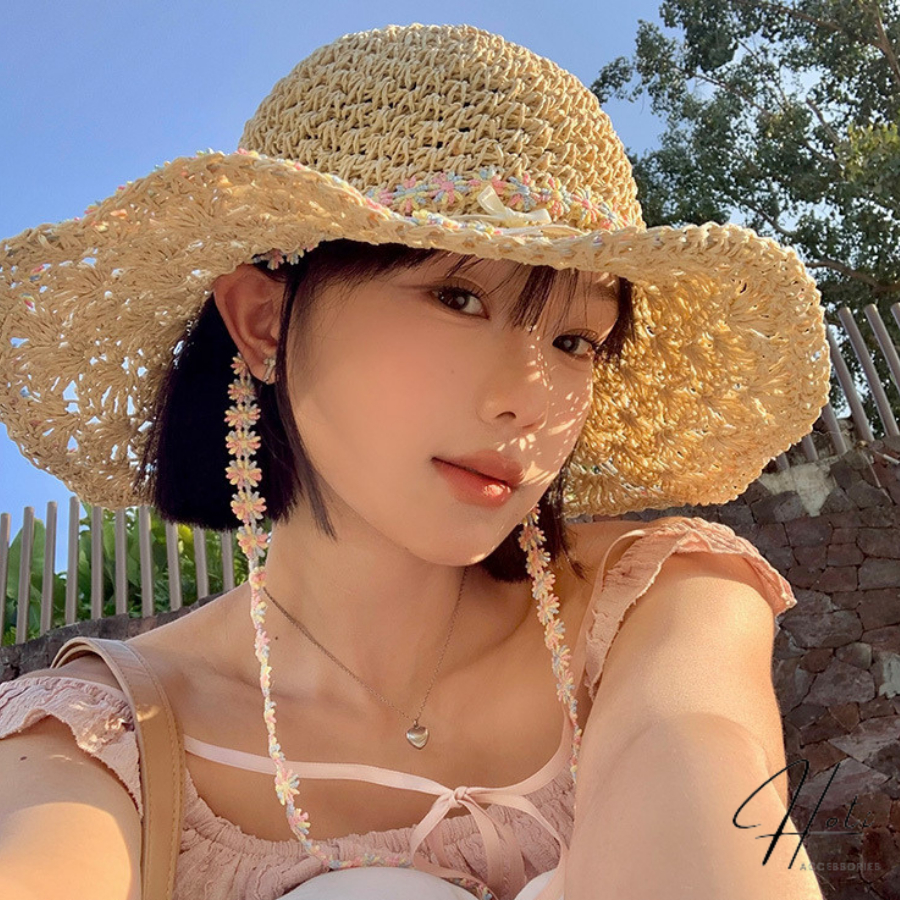 Nón Cói Rộng Vành Che Nắng, Mũ Cói Phối Dây Và Viền Hoa Hoa Phong Cách Mùa Hè Thời Trang Đi Biển - HOTI - NV105