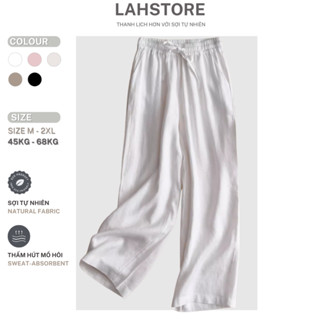 Quần dài ống suông rộng LAHSTORE vải linen thô cạp chun dây thắt eo QD07 (Trắng)