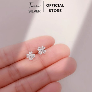 Khuyên tai bạc đính đá cỏ bốn lá TUNA SILVER, Hoa tai Bạc cỏ 4 lá may mắn gắn đá trái tim, Bông tai bạc nữ hoa đá 4 cánh