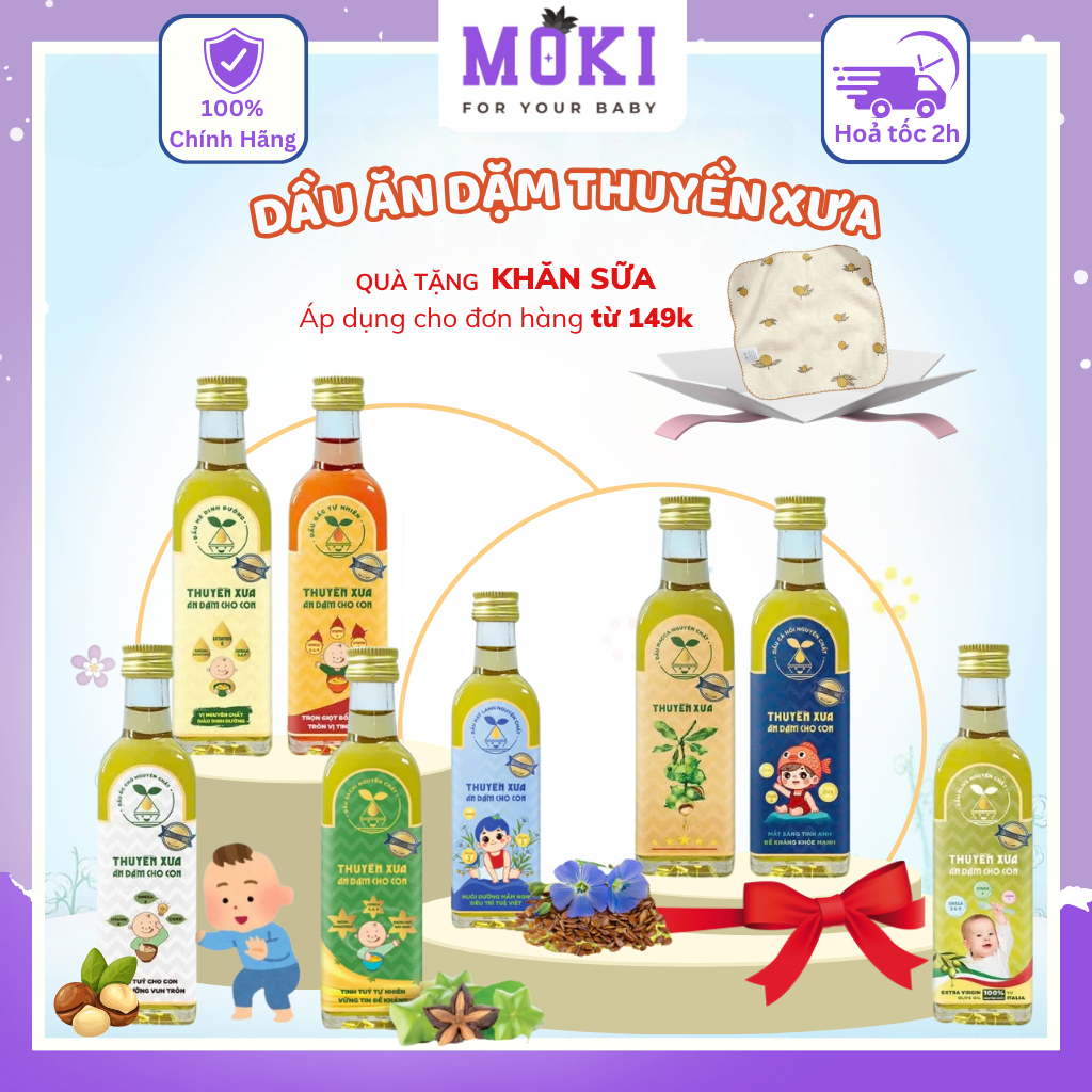 Dầu ăn dặm cho bé Thuyền Xưa cho con đủ vị, Dầu cá hồi, Lanh, Óc chó, Oliu, Macca, Sachi, Gấc, Mè